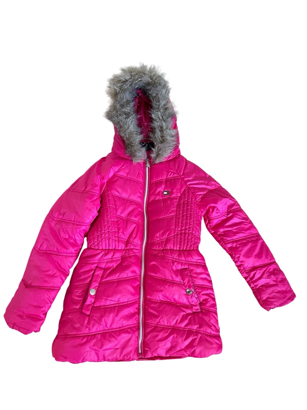 NWT Tommy Hilfiger Girls Pink Faux Fur Hood Puffer Coat Size M 8/10